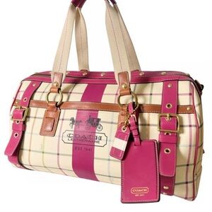 COACH Heritage Strip Coated Tattersall XL Duffle Travel Tote Bag